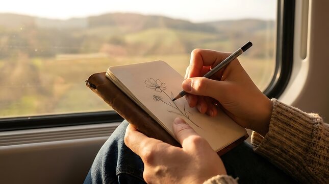 Hands sketching flower in notebook during train travel