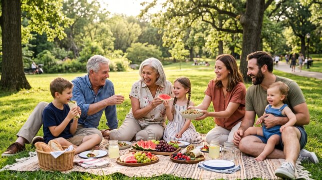 Multi generational family enjoying a sunny picnic in a park with healthy food and laughter