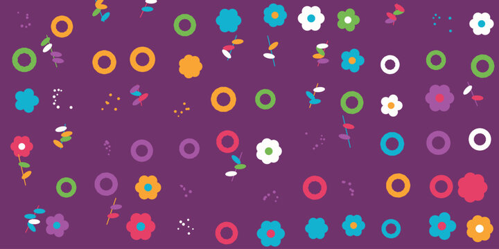 Colorful flat vector seamless pattern with various simple flowers on a dark purple background
