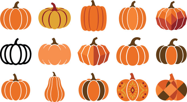 Set of various decorative pumpkin illustrations for autumn harvest and thanks giving holiday seasonal design projects