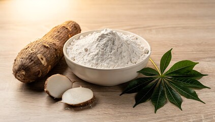 Fototapeta premium A sophisticated culinary presentation of cassava flour is arranged on a Nordic light oak wooden desk