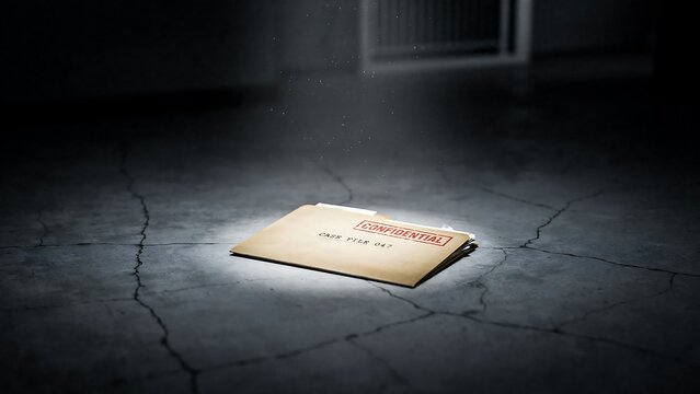 Confidential case file folder on a concrete floor in a dark, dusty room with light beam and subtle grunge textures, hinting at a secret investigation or abandoned evidence.