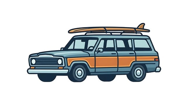 Station wagon vehicle with surfboard on roof rack for coastal travel