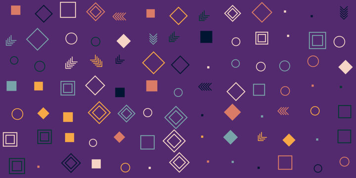 Abstract geometric pattern with colorful shapes and thin lines on a purple background