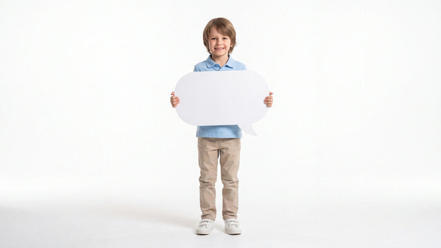 Boy stands holding a blank white speech bubble sign while smiling directly at the camera in a studio setting with a clean background.