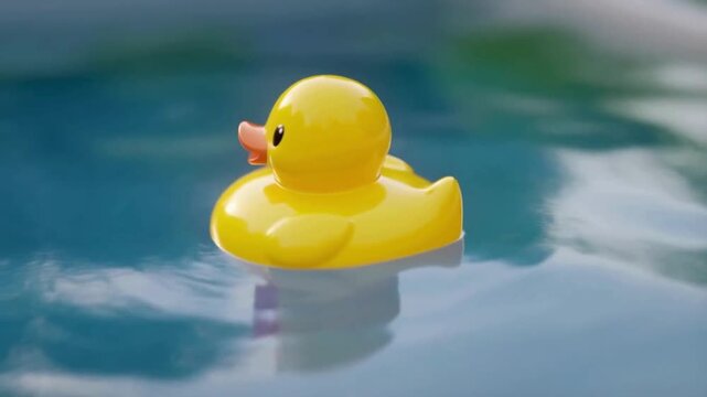 A bright yellow rubber duck with an orange beak floats on the surface of rippling blue water.