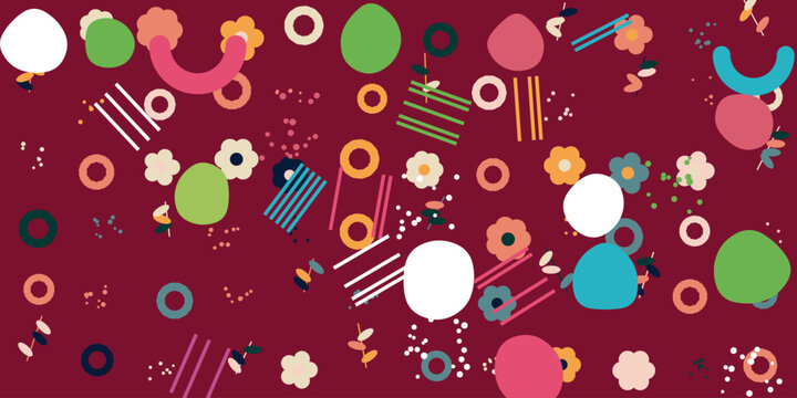 Abstract geometric pattern with colorful shapes and flowers on a dark red background
