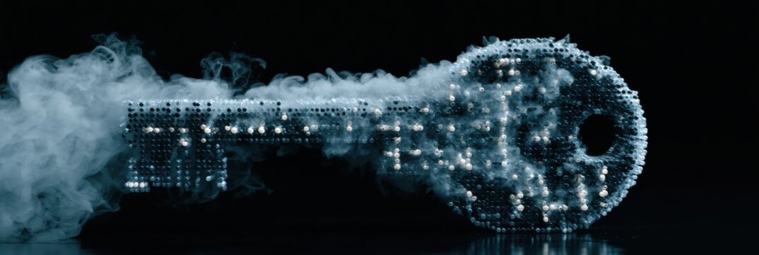 A key made of dots that represent passwords breaks apart and turns into smoke. This illustrates the idea of weak credentials in a dark scene.