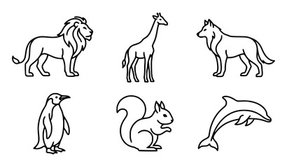 Hand Drawn Wild Animal Outline Collection with Lion Giraffe Wolf Penguin Squirrel and Dolphin Vector Set © Shakib
