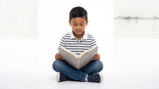 Schoolboy sits cross-legged on the floor while reading an educational book to improve his literacy skills and gain knowledge in a quiet, studious environment with copy space provided.