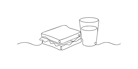 Obraz premium Single line abstract sandwich and milk. Continuous line drawing of a sandwich served with a glass of milk. Healthy breakfast meal. One line vector illustration.