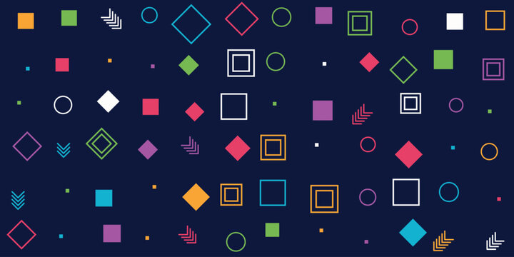 Abstract geometric pattern with colorful squares circles and shapes on a dark blue background