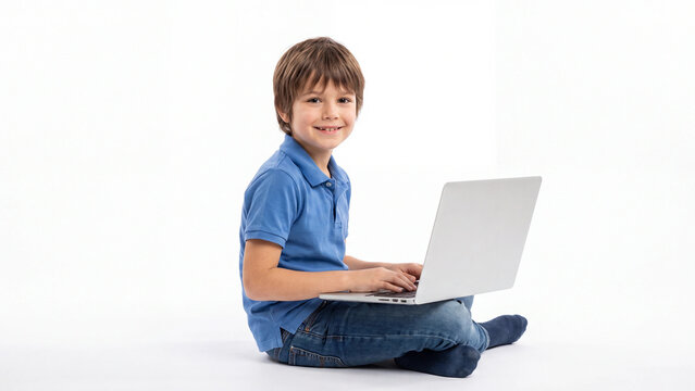 Schoolboy sits on the floor while using a portable laptop computer to complete his digital homework assignments in a bright studio.