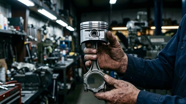 Close up of a mechanic's greasy oil stained hand holding an engine piston and connecting rod in a cluttered vehicle repair workshop with tools and spare parts blurred behind