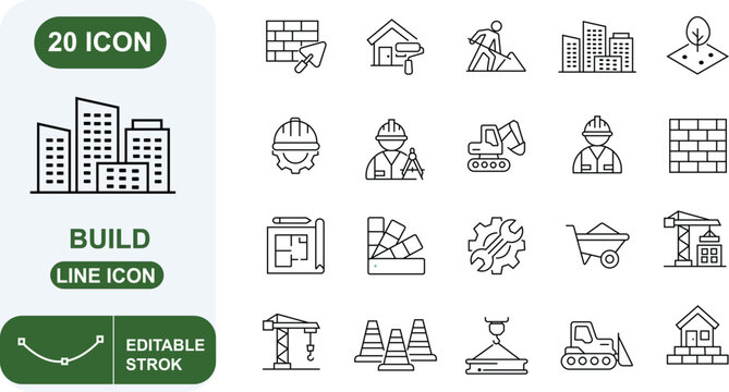 Minimalist home renovation and civil engineering icon pack. Vector elements for architectural design, heavy machinery, building site management, and property development.