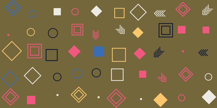 Abstract geometric pattern with colorful squares circles and arrows on a dark olive background