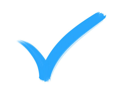 Hand drawn blue check mark icon or tick symbol on transparent background. 