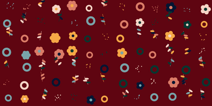 Seamless pattern with colorful flat flowers and geometric shapes on a dark red background for textile print