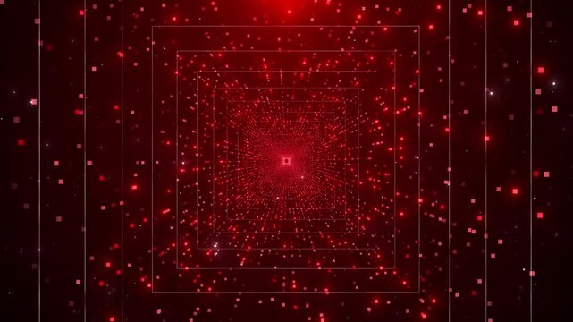 Red square tunnel background glowing frames, pixel particles, and deep digital perspective.