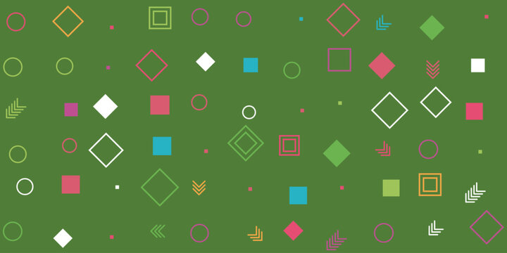 Abstract seamless pattern with colorful geometric shapes and circles on a dark green background for modern design