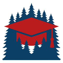 Obraz premium A modern emblem featuring a red graduation cap overlaid on a silhouette of pine trees. Ideal for outdoor education, training, or nature-themed branding.
