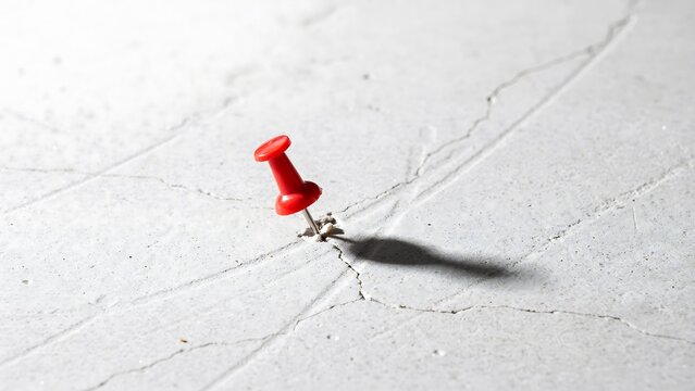 Red pushpin piercing cracked concrete surface, close-up detail of sharp pin casting shadow on rough textured ground, symbol of impact.