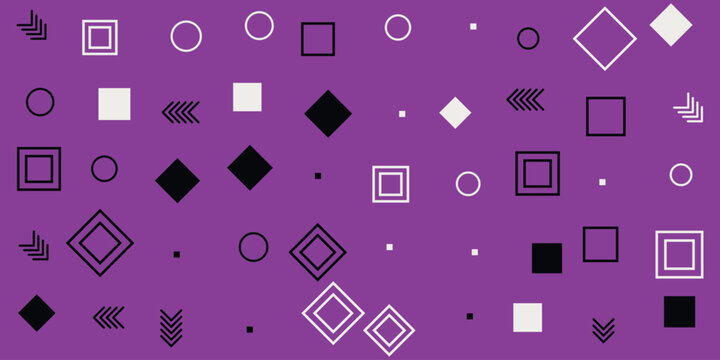 Abstract geometric pattern with squares circles and arrows on a purple background