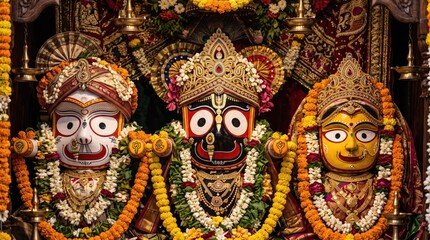Fototapeta premium Traditional decorated idols of deities in a temple shrine with religious, hinduism