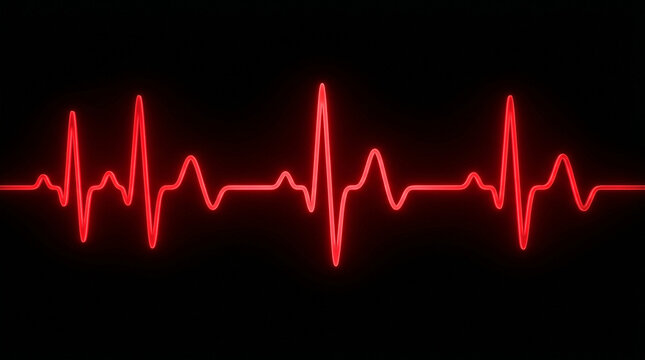 A bright neon red heartbeat line displays a digital electrocardiogram rhythm with a glowing pulse effect on dark display