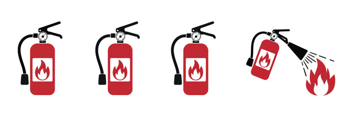 Naklejka premium Fire extinguisher icons featuring fire safety, firefighter equipment, emergency protection, and hazard prevention symbols in outline, solid, and flat vector styles for buildings, workplaces, signage, 
