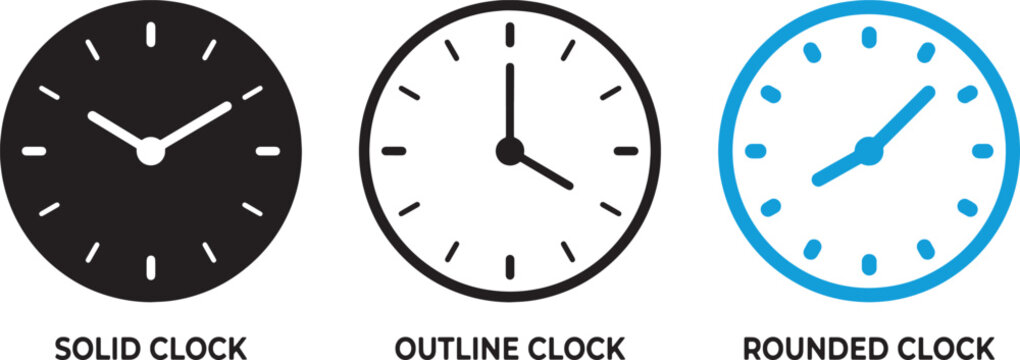 Modern clocks displaying different times. Time management and punctuality concepts.