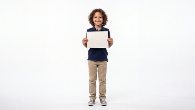 Schoolboy holding a blank white sign provides a versatile space for custom messaging or branding in this studio portrait against a clean backdrop.