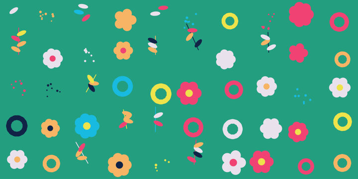 Colorful flat flower icons set on a dark green background