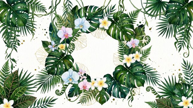 Elegant watercolor wedding geometric eucalyptus botanical frame featuring tropical monstera leaves and exotic flowers for invitation design
