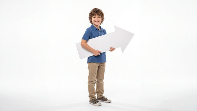 Schoolboy stands confidently while holding a large white directional arrow sign to indicate a path forward for academic or business marketing campaigns.
