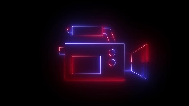 Glowing neon video-camera icon isolated on black background. HD Video motion graphic animation. Glowing neon line video camera icon animation.4k motion video.