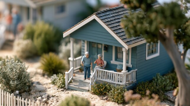 Tiny figures stand on the porch of a cottage in the backyard. They enjoy the afternoon light in this detailed diorama.