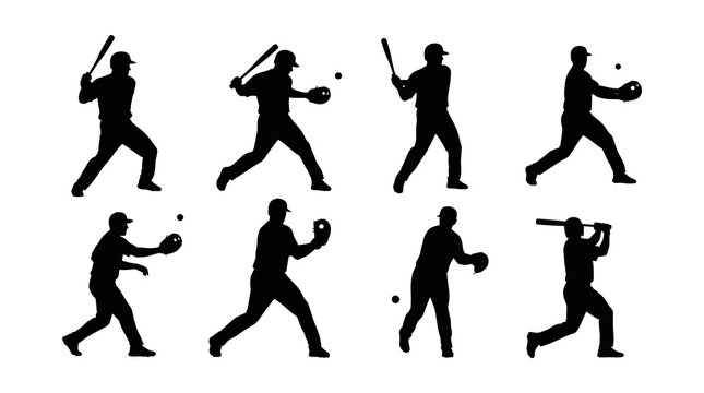 Set of black silhouettes showing baseball players in various batting and fielding poses isolated on a white background