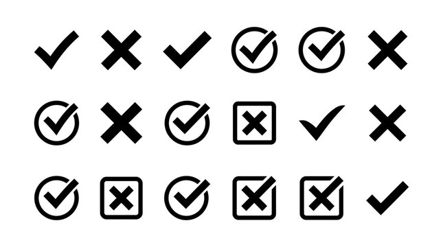 Collection of check mark and cross in black and white, featuring various styles of tick and x symbols for validation and feedback