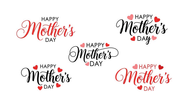 Collection of happy mother's day lettering with red and pink heart cursive calligraphy, and bold script typography styles