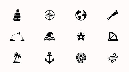 Minimalist black and white travel adventure icon set with monochromatic collection twelve distinct icons representing themes exploration travel against neutral background © Shovon