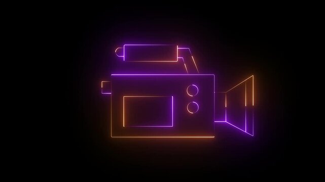Glowing neon video-camera icon isolated on black background. HD Video motion graphic animation. Glowing neon line video camera icon animation.4k motion video.