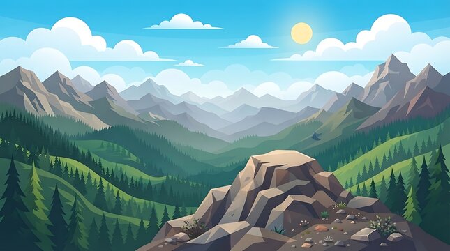 A stunning mountain landscape with lush green forests rocky peaks and a bright sun shining above creating an awe inspiring scene of natures beauty