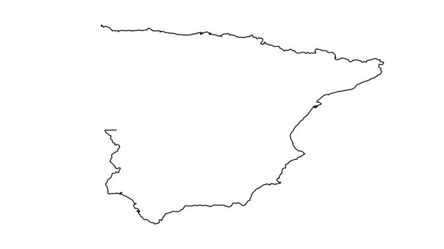 Outline map of Spain gradually appearing on white background, animated graphic.