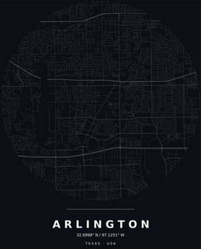 Arlington TX Minimalist Street Map Circle Poster, White on Black