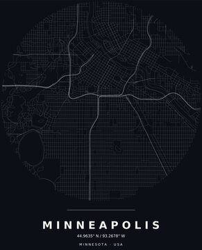 Minneapolis MN Minimalist Street Map Circle Poster, White on Black