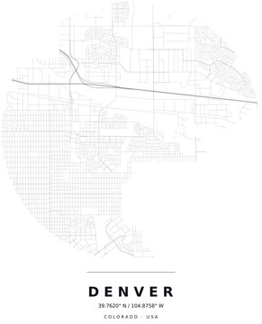 Denver CO Minimalist Street Map Circle Poster, Black and White