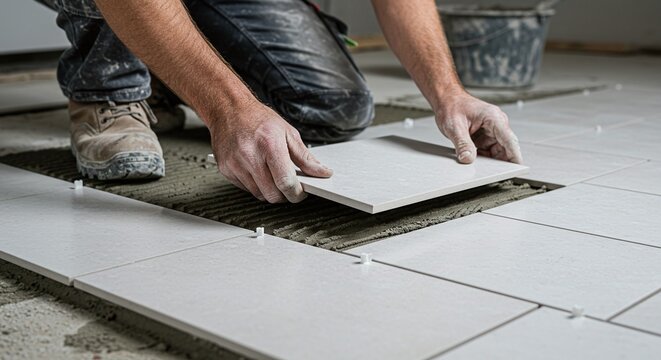 Worker's hands laying floor tiles with spacers on a bed of fresh mortar.Concept of home renovation and professional tiling.