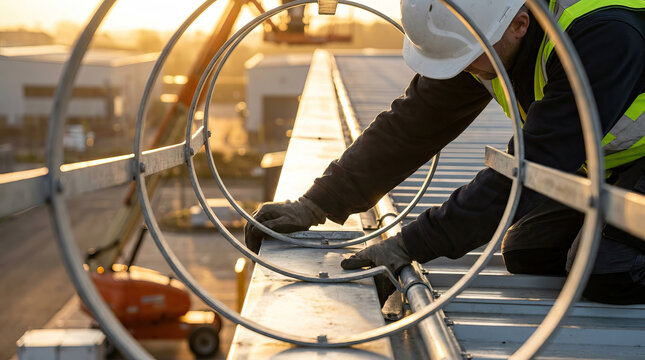 Worker inspecting metal roof flashing at sunset, wearing safety helmet and gloves, focused on construction task with circular metal safety guard in foreground, industrial site background