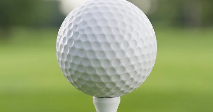 A close-up shot of a white golf ball with dimples resting on a white tee, set against a blurred green golf course background.